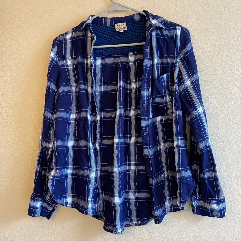 Como Vintage Women’s Royal Blue and Black Flannel Shirt Size Small